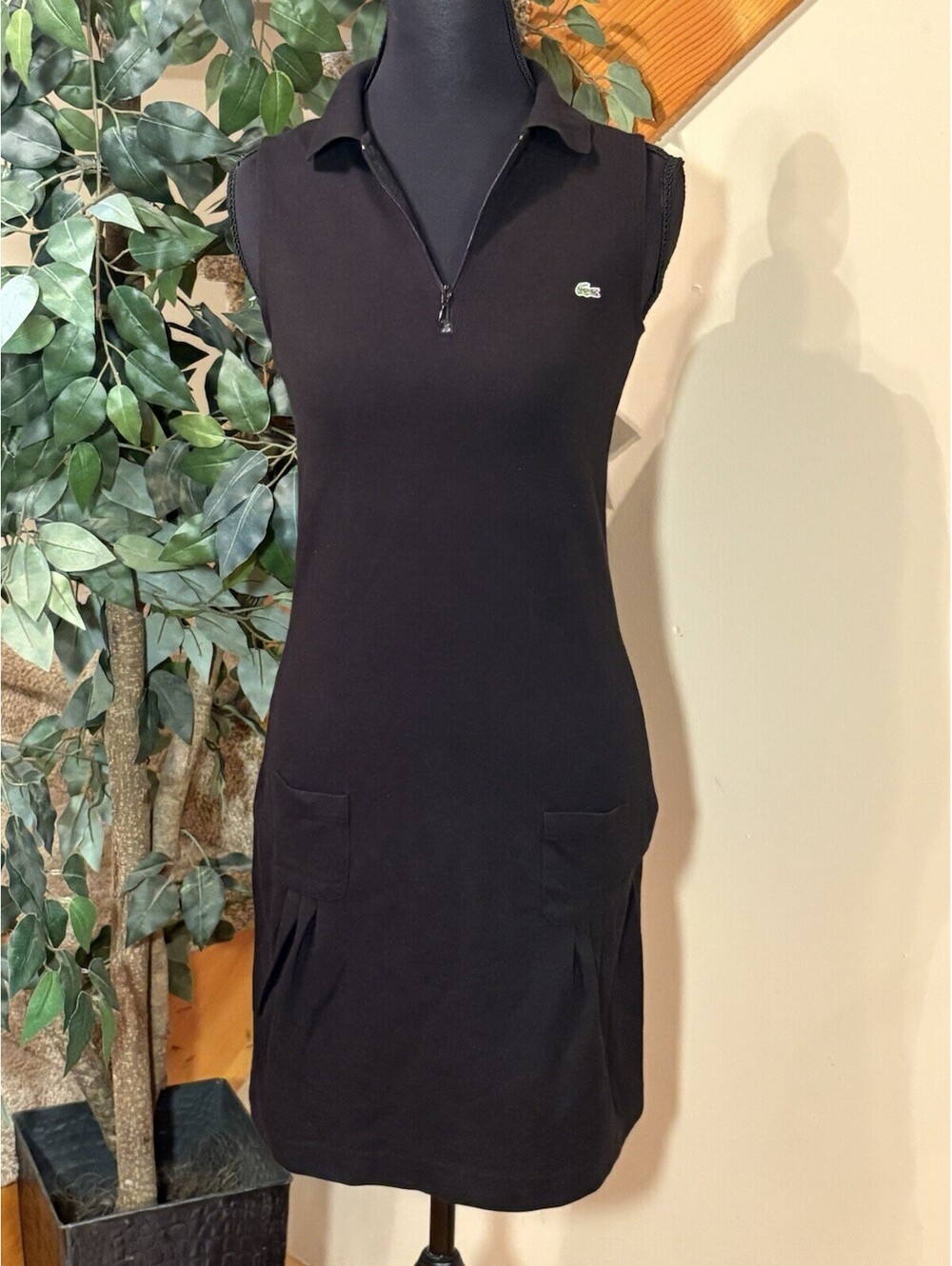 Lacoste Pique Polo Dress 1/4 Zip Sleeveless Size 34 (XS) Black